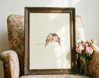 Nestled Birds Farmhouse Décor | Birds in love print | Love Birds Watercolor art | Neutral Cottagecore Wall Print