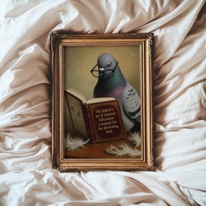 Pode incluir: Uma impressão emoldurada com um pombo cinzento a usar óculos de aro preto e a ler um livro aberto. A capa do livro apresenta o texto: The pigeon's art of targeted defecation: a manual for the discerning bird. Várias penas brancas estão por perto.