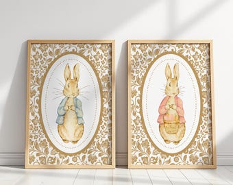 Vintage Bunny Nursery Wall Art Set of 2 | Storybook Rabbit Prints | Cottagecore Nursery Decor | Woodland Baby Room Art | Baby Shower Gift
