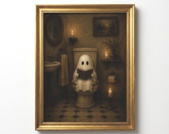 Ghost on Toilet Wall Art | Funny Bathroom Wall Decor | Vintage Halloween Bathroom Print | Cute Spooky Above Toilet Artwork