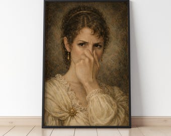 Puede incluir: Una impresión enmarcada de un retrato clásico de una mujer con una expresión de disgusto. Viste un vestido color crema con adornos de encaje y pendientes dorados. Su mano está levantada hacia su nariz, transmitiendo una sensación de asco.