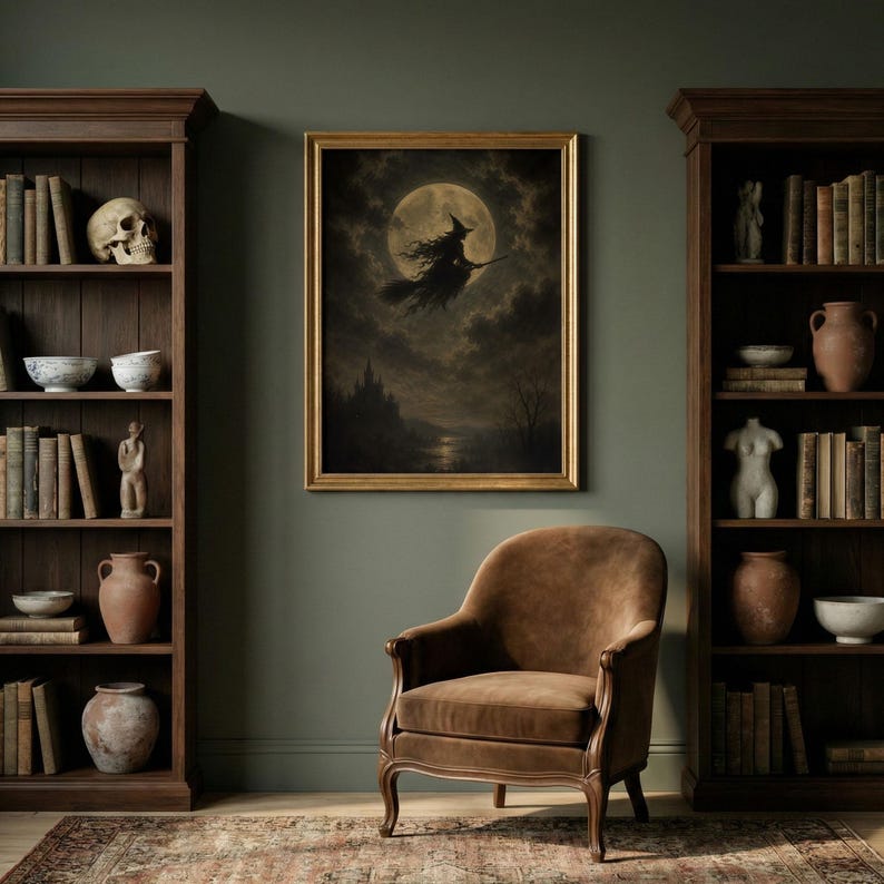 May include: A framed wall art print depicting a witch flying on a broomstick against a full moon, positioned between two dark wood bookcases filled with books, ceramic vases, a human skull, and a torso sculpture, with a brown velvet armchair.