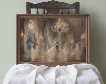 Puede incluir: Una lámina de arte mural rectangular enmarcada que representa una escena de baile con parejas bailando bajo una gran lámpara de araña de cristal. La pintura presenta tonos suaves de marrón, crema y azul apagado en un gran salón.