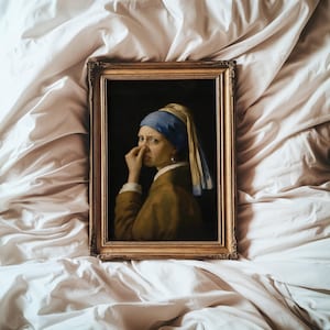 May include: A framed painting depicting a person wearing a blue headscarf and a brown jacket, holding their nose with one hand. The figure has a pearl earring and is set against a dark background, enclosed in an ornate gold frame.