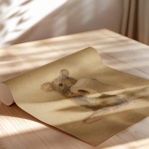 May include: A roll of wallpaper featuring a printed illustration of a brown mouse holding a roll of white toilet paper. The design is set against a textured, light beige background, showcasing the mouse with detailed fur and whiskers.
