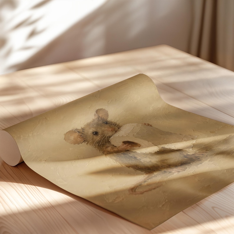 May include: A roll of wallpaper featuring a printed illustration of a brown mouse holding a roll of white toilet paper. The design is set against a textured, light beige background, showcasing the mouse with detailed fur and whiskers.