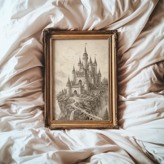 Fairytale Castle Wall Art Print, Vintage Sketch, Fantasy World Decor, Kids Room Wall Decor, Cottagecore Art, Storybook Theme