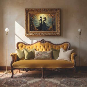 May include: A mustard yellow velvet tufted sofa with a curved wooden frame, featuring two olive green pillows, one beige pillow, and one patterned rectangular pillow, positioned beneath a framed painting of two figures dancing in a forest.