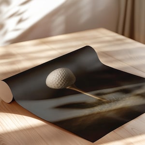 Op de afbeelding: Een getextureerde, lichtgekleurde golfbal rust op een dunne, puntige houten golfthee. De bal en de tee zijn geplaatst op een glad, donker oppervlak met een matte afwerking dat licht buigt, wat een contrast vormt tussen het lichte object en de achtergrond.