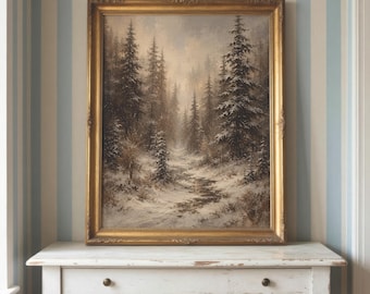 May include: A framed oil painting depicting a winter forest scene with snow-covered pine trees and a small, winding stream. The artwork is encased in an ornate, metallic gold frame, showcasing a muted color palette of white, gray, and brown tones.
