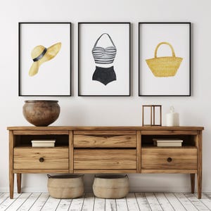 Watercolor Black Swimsuit Lakehouse Art | Black Swimsuit Print Set of 3 | Vintage Bathing Suit Wall Art Trio