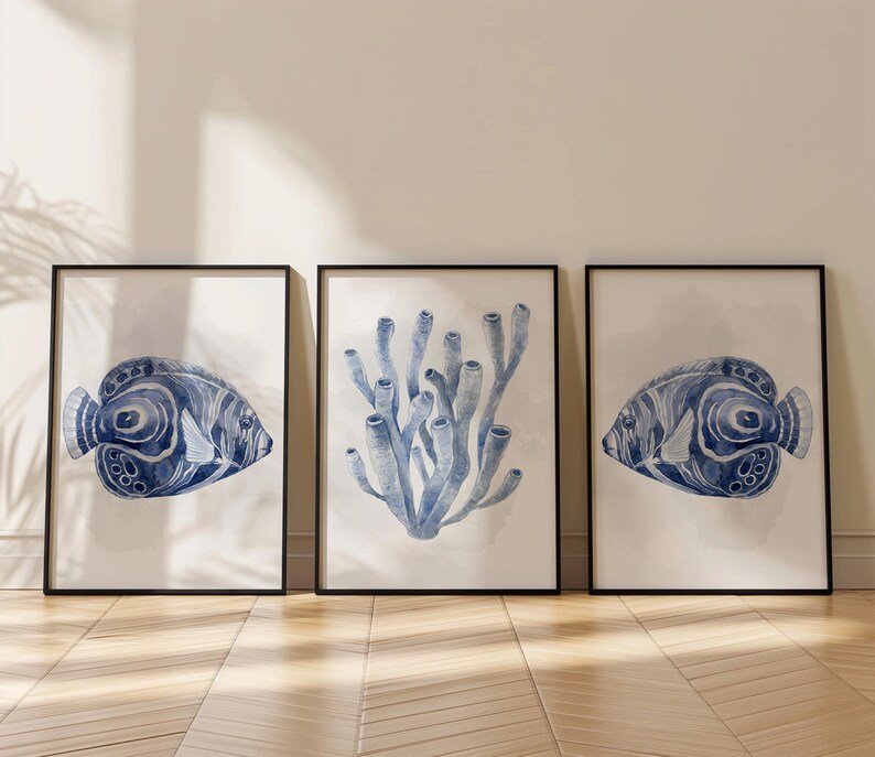 Navy Blue Fish and Coral Wall Art
