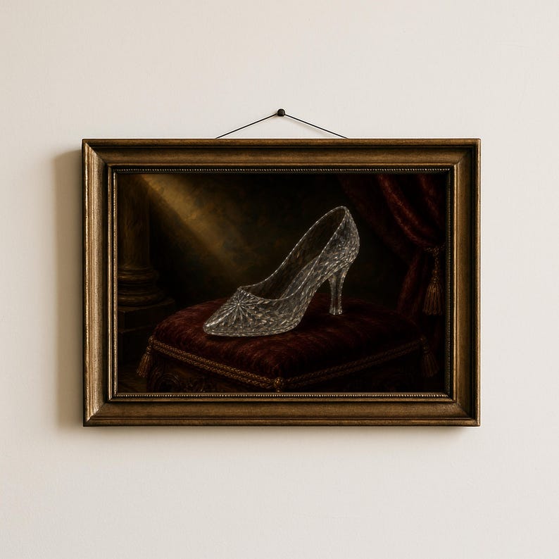 Pu&ograve; includere: Una stampa artistica da parete incorniciata che raffigura una scarpa con tacco in vetro trasparente sfaccettato appoggiata su un cuscino di velluto rosso scuro. La scena &egrave; ambientata su uno sfondo scuro con un raggio di luce che illumina la scarpa.