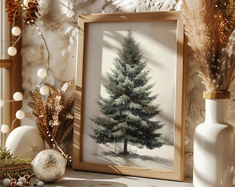 Impression d'arbre à feuilles persistantes | impression vintage de sapin de Noël | Décoration de sapin à feuilles persistantes