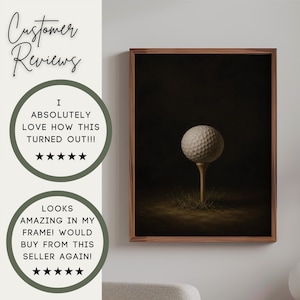 Op de afbeelding: Een ingelijste kunstprint met een witte golfbal op een houten tee tegen een donkere, sfeervolle achtergrond. Het kunstwerk zit in een eenvoudige bruine lijst en toont de textuur van de bal en het gras eronder in detail.