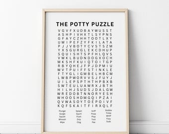 Woordzoeker badkamer afdrukken | Potty puzzel poederkamerposter | Eigenzinnige kunst boven het toilet | Humoristisch cadeau badkamerdecoratie