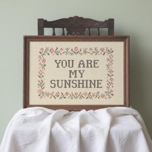 May include: A framed cross-stitch with the words "YOU ARE MY SUNSHINE" in black thread. The design is surrounded by a border of pink and green floral elements. The frame is a warm brown color, and the piece is displayed on a white cloth.