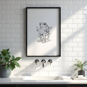 Impresión de sapo en el inodoro / Rana divertida leyendo en el baño / Dibujo peculiar de sapo / Rana del baño / Regalo divertido para decorar el baño imagen 9