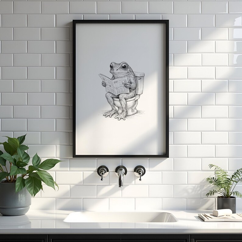 Impresión de sapo en el inodoro / Rana divertida leyendo en el baño / Dibujo peculiar de sapo / Rana del baño / Regalo divertido para decorar el baño imagen 9