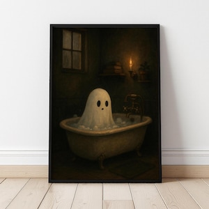 Halloween Ghost Print | Ghost in Bathtub Wall Decor | Haunted Aesthetic | Moody Halloween Bathroom Art | Moody Bathing Ghost