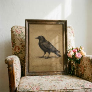 May include: A rectangular framed wall art piece featuring a charcoal-style drawing of a black crow on a tan background. The frame is made of dark, distressed wood with a simple profile. The artwork depicts the bird in profile facing left.