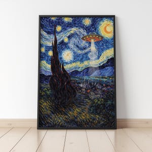 May include: A framed art print featuring a whimsical reimagining of Van Gogh's "Starry Night." The artwork depicts a UFO hovering over a village, with swirling blue and yellow skies, and a dark, textured foreground.