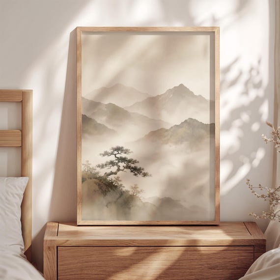 Japandi Wall Art | Neutral Mountain Landscape Print | Minimalist Japanese Inspired Decor | Wabi Sabi Nature Art