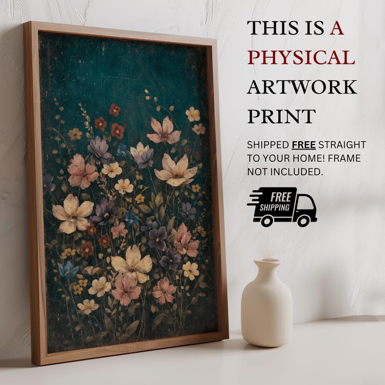 May include: A framed artwork print featuring a floral design with cream, pink, and purple flowers against a dark teal background. The artwork is in a light brown wooden frame. Text on the image reads "THIS IS A PHYSICAL ARTWORK PRINT".