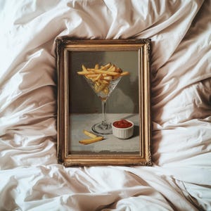 Peut inclure: Peinture encadrée représentant un verre à martini rempli de frites dorées, avec un petit bol de ketchup à côté. Le tableau a un cadre doré et est posé sur un fond blanc.