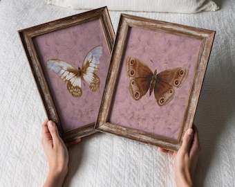 Art mural insecte maussade | Peinture Cottagecore mite et papillon | Décoration de chambre mauve neutre | Salle de bains de ferme | Impression de buanderie