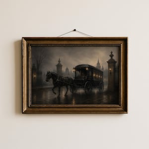 May include: A framed wall art print depicting a dark, atmospheric scene of a horse-drawn carriage traveling through a misty, gothic-style stone gateway at night. The carriage is illuminated by small, warm glowing lanterns, set against a moody, overcast sky.