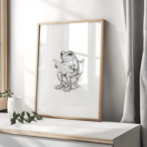 Puede incluir: Ilustraci&oacute;n en blanco y negro enmarcada de una rana leyendo un peri&oacute;dico en un inodoro. La obra de arte se presenta en un marco de madera clara. La imagen es una representaci&oacute;n humor&iacute;stica de la vida cotidiana.
