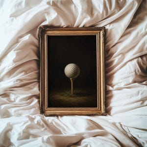 May include: A rectangular gold-toned ornate frame containing a dark-toned painting of a white dimpled golf ball resting on a wooden tee. The golf ball is positioned in the center of the frame, set against a dark, shadowed background with grass.