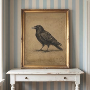 May include: A framed charcoal drawing of a black crow in profile, rendered with detailed feather textures on a tan background. The artwork is enclosed in an ornate, metallic gold-toned rectangular frame with decorative carved edges.