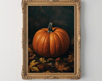 ムーディーなカボチャの絵 | 秋の装飾とオータムデコレーション | コテージコアアート | 居心地の良い秋の色合いのプリント 秋の壁アート | オレンジと茶色の葉