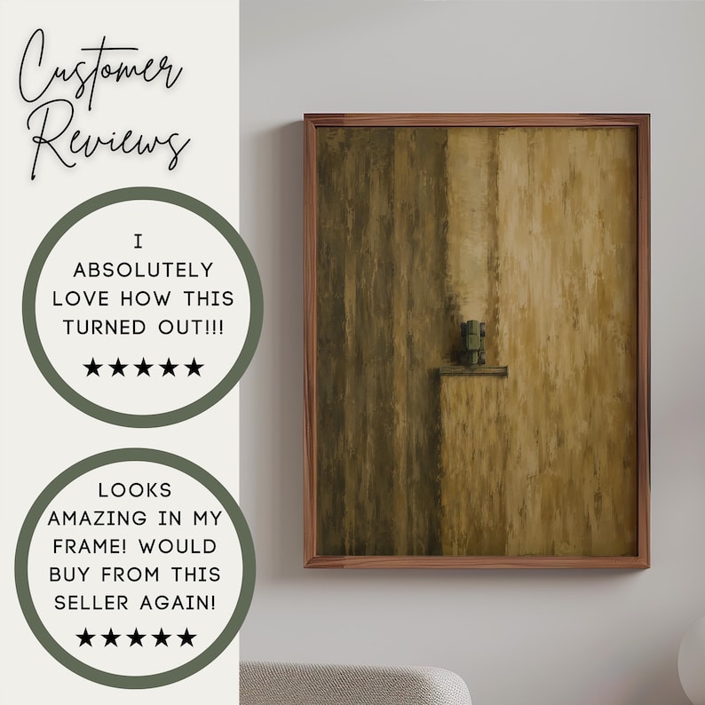 May include: A framed vertical wall art piece featuring an abstract composition in shades of brown and tan. The artwork displays a textured, vertical brushstroke pattern with a small, dark, rectangular element centered on a horizontal ledge.