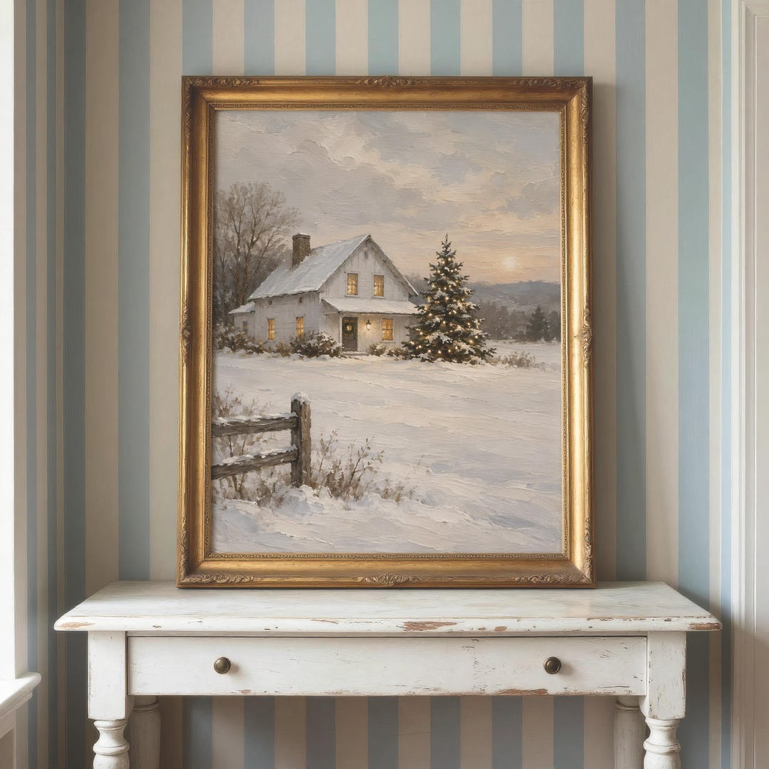 Snowy Christmas Barn Print | White Winter Farmhouse Wall Art | Rustic ...
