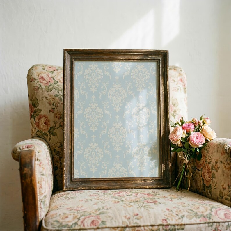 May include: A rectangular picture frame with a distressed dark brown finish containing a light blue print with a white damask pattern. A small bouquet of pink and peach roses is positioned to the right of the frame on the floral fabric.