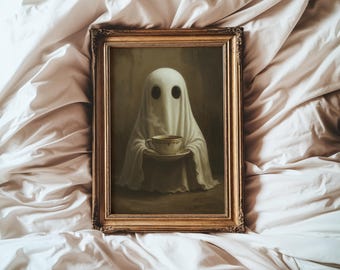 Può includere: Dipinto incorniciato in stile vintage che raffigura una figura di fantasma avvolta in un lenzuolo bianco, con in mano una tazza e un piattino. L'opera d'arte è in una cornice dorata ornata. Il fantasma ha grandi fori scuri per gli occhi e vapore che esce dalla tazza.