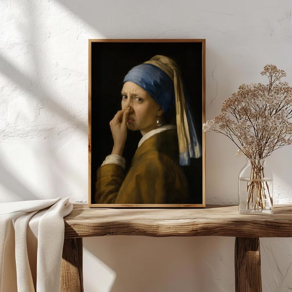 Funny Girl With a Pearl Earring Bathroom Print | Classical Art Parody | Vintage Powder Room Decor | Humorous Above Toilet Wall Art