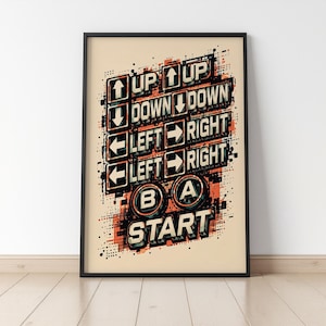 Könnte beinhalten: Ein gerahmter Kunstdruck mit einer Sequenz von Tasten eines Retro-Videospiel-Controllers. Das Design zeigt den Text UP, DOWN, LEFT, RIGHT, B, A und START in einer fetten, blockartigen Schrift, ergänzt durch Richtungspfeile und orangefarbene Akzente.