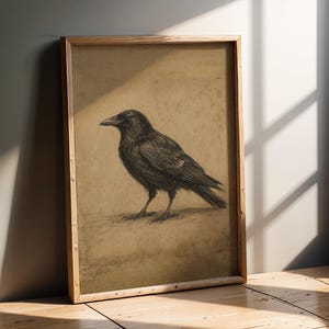 May include: A framed wall art print featuring a charcoal-style sketch of a black crow standing in profile. The bird is rendered with detailed dark strokes against a textured, muted tan background, enclosed in a simple light-toned wooden frame.