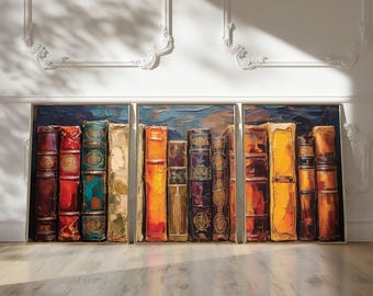 Decoración de pared con temática de estantería vintage / Juego de 3 láminas de libros antiguos / Decoración para rincón de lectura / Regalo para amantes de los libros de estilo Dark Academia