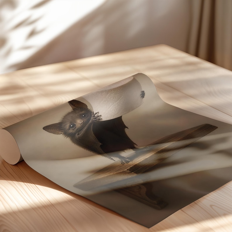 Puede incluir: Un rollo de papel pintado impreso con una ilustraci&oacute;n realista de un peque&ntilde;o murci&eacute;lago marr&oacute;n con orejas grandes y ojos oscuros, posado sobre una superficie de madera mientras sostiene un rollo de papel blanco, con textura lisa y luz suave.