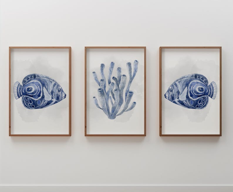Navy Blue Fish and Coral Wall Art