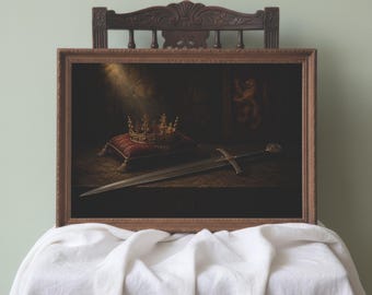 Quadro con Excalibur e Corona / Decorazione per Regno Fantastico / Stampa Medievale Magica / Opera d'arte della Fiaba di Re Artù