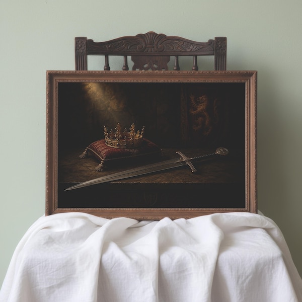 Excalibur und Crown Wandkunst | Fantasie Königreich Dekor | Magisches Mittelalter Poster | König Artus Märchen Zeichnung