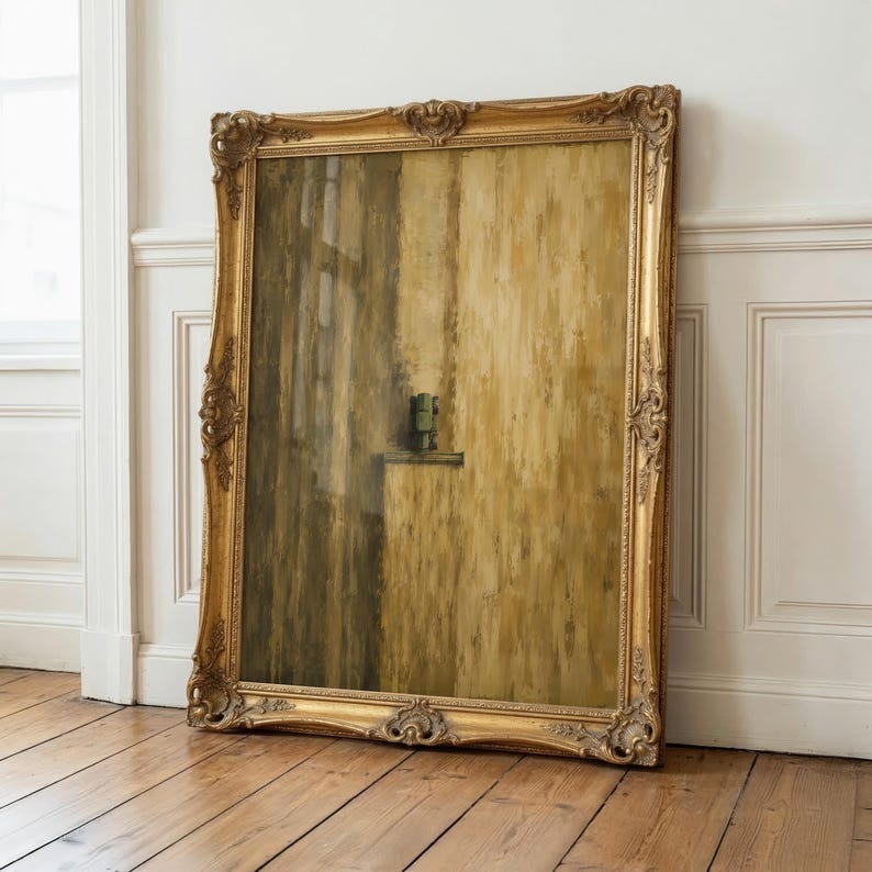 May include: A large rectangular painting in an ornate gold frame with intricate carved details. The artwork features a vertical composition with shades of ochre, brown, and tan, depicting a small green object resting on a horizontal ledge.