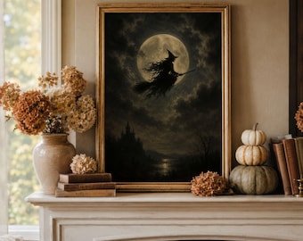 Väggkonst med flygande häxa och måne | Halloween-tryck | Mörk fantasi-dekor | Gotisk häxkonst | Spöklik natthimmel