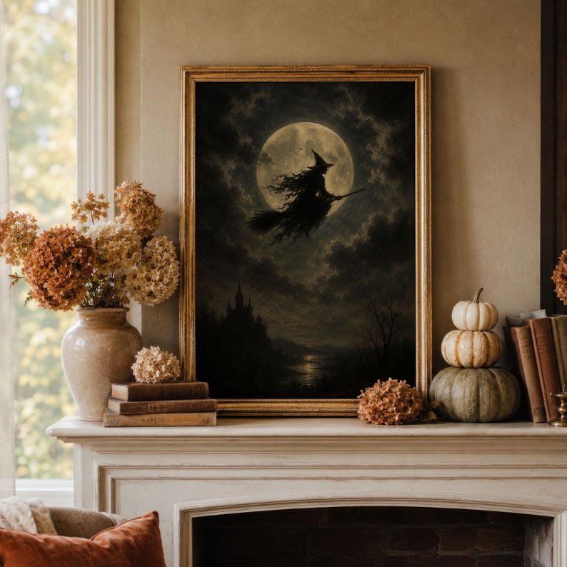 Flying Witch Moon Wall Art | Halloween Print | Dark Fantasy Decor | Gothic Witch Artwork | Spooky Night Sky image 1